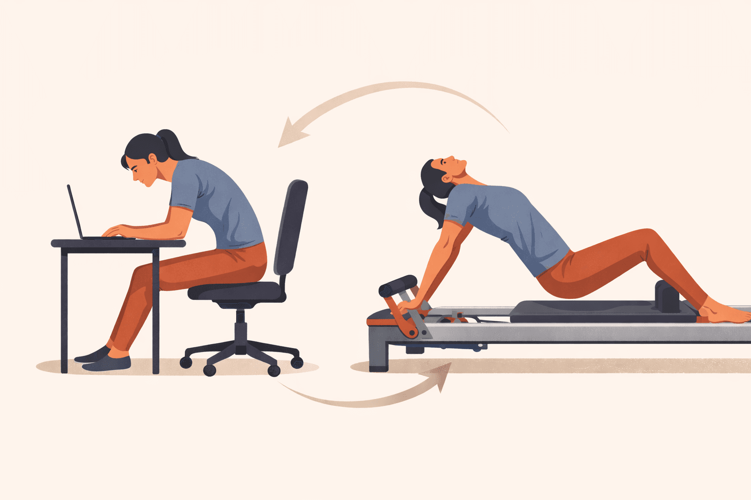 Illustration of a desk worker transitioning from hunched posture to moving freely on a reformer