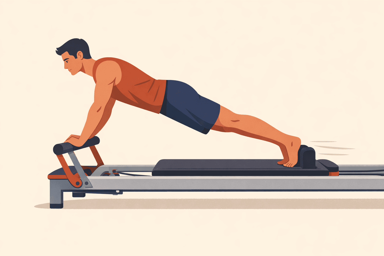 Illustration of a man holding a plank position on a reformer pilates machine